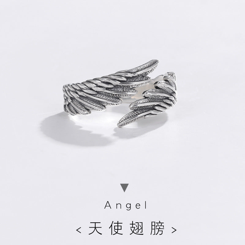 925 Sterling Silver Angel Wing Ring - Adjustable Feather Ring.