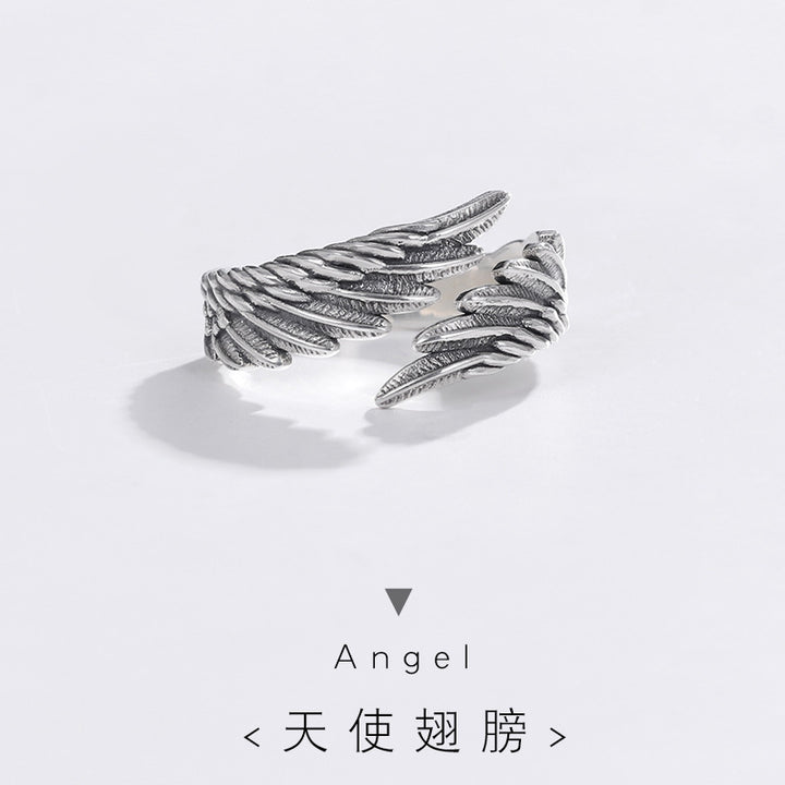 925 Sterling Silver Angel Wing Ring - Adjustable Feather Ring.