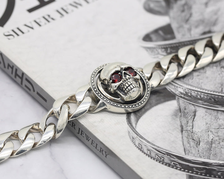 925 Sterling Silver Skull Bracelet - Gothic Chain Bracelet with Red Crystal Eyes.