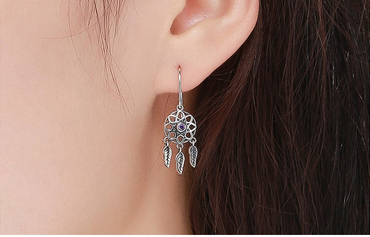 925 Sterling Silver Dreamcatcher Earrings - Bohemian Feather Drop Earrings.
