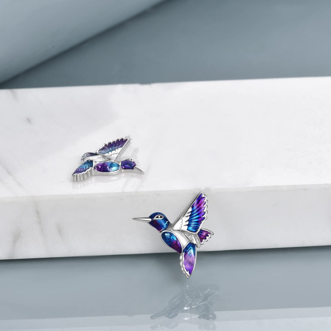 925 Sterling Silver Hummingbird Earrings - Blue Enamel Bird Stud Earrings.