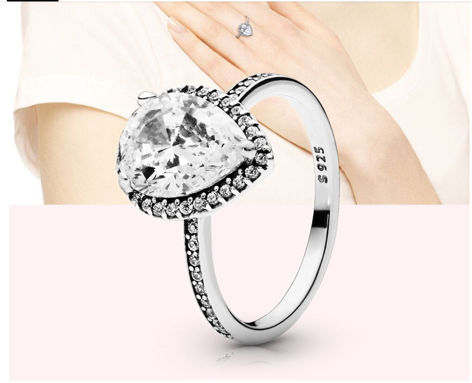 925 STERLING SILVER TEARDROP RING-CRYSTAL HALO RING FOR WOMEN.