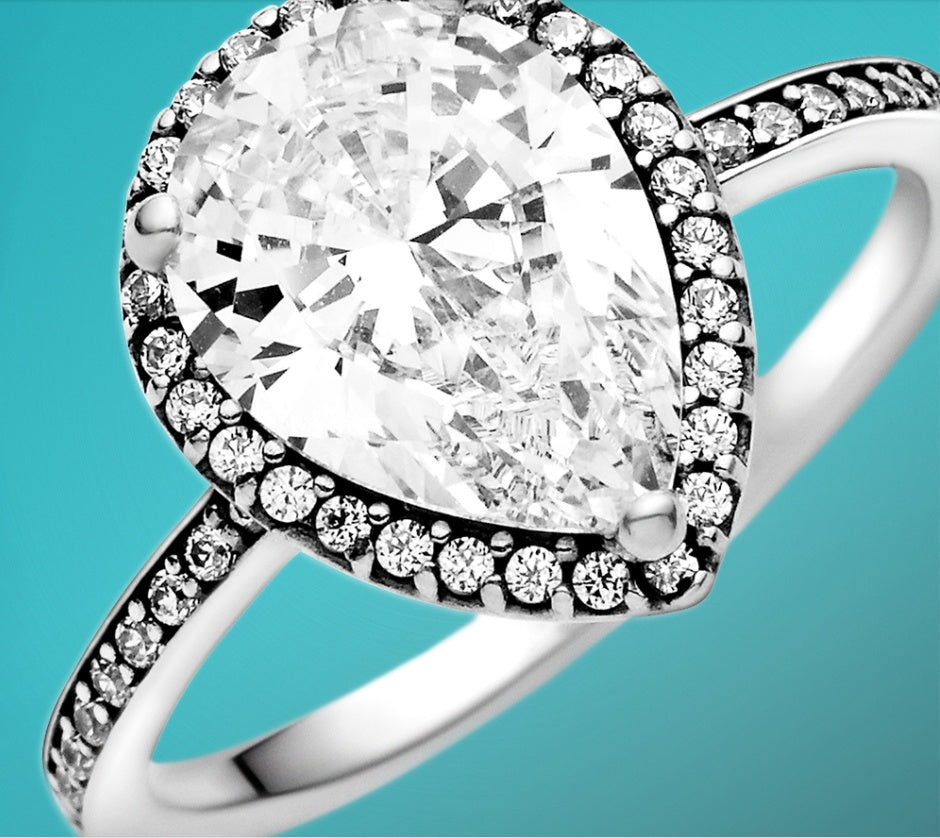 925 STERLING SILVER TEARDROP RING-CRYSTAL HALO RING FOR WOMEN.