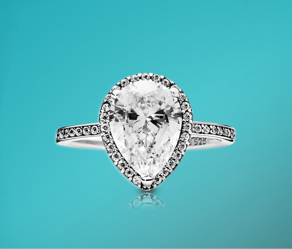 925 STERLING SILVER TEARDROP RING-CRYSTAL HALO RING FOR WOMEN.