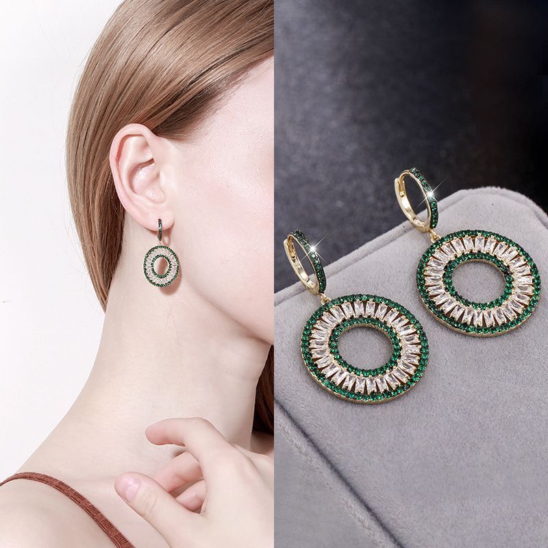 925 Sterling Silver Green Crystal Hoop Earrings - Circle Drop Earrings.
