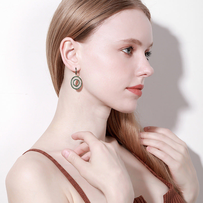 925 Sterling Silver Green Crystal Hoop Earrings - Circle Drop Earrings.