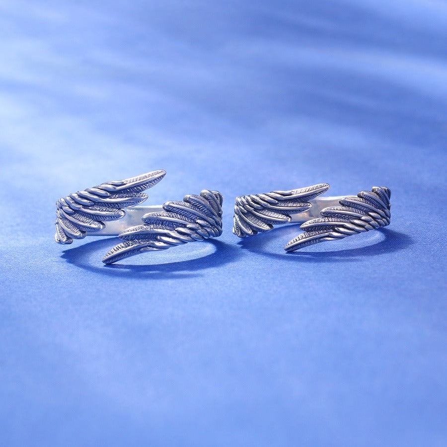 925 Sterling Silver Angel Wing Ring - Adjustable Feather Ring.