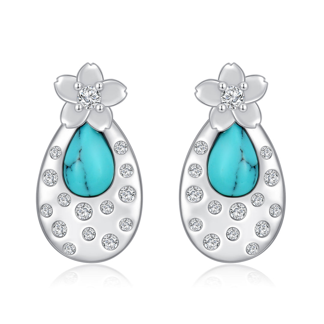 925 Sterling Silver Turquoise Flower Earrings - Cherry Blossom Stud Earrings.