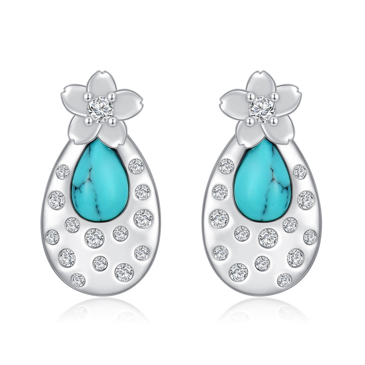 925 Sterling Silver Turquoise Flower Earrings - Cherry Blossom Stud Earrings.