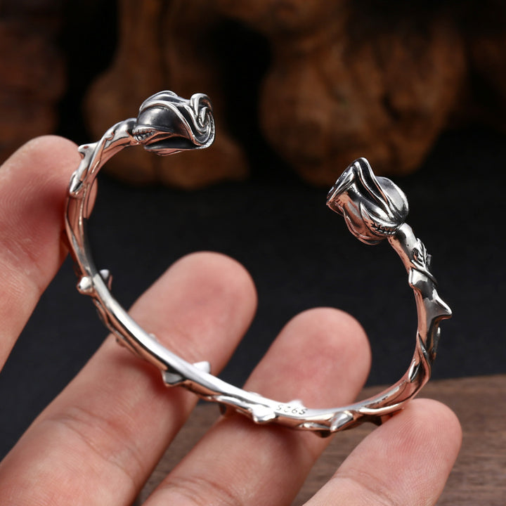 Rose 925 Silver Bracelet | Floral Cuff Bangle | Unisex UK