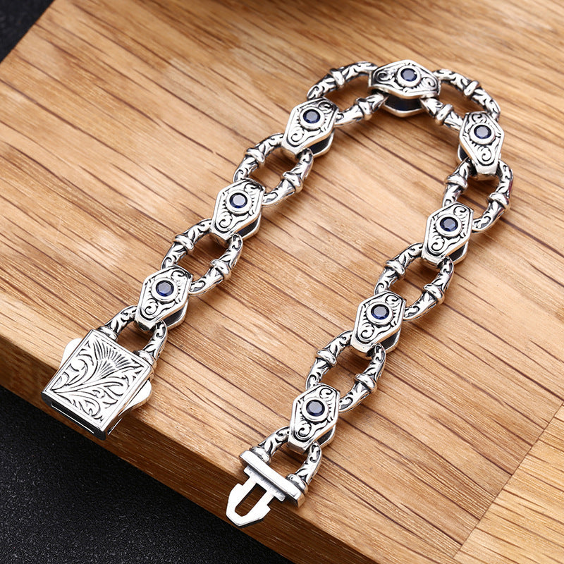 925 Sterling Silver Men's Bracelet - Embossed Pattern Chain Bracelet.
