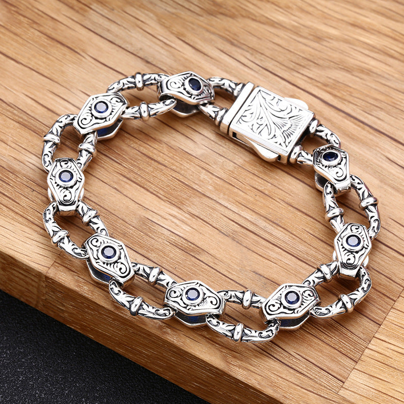925 Sterling Silver Men's Bracelet - Embossed Pattern Chain Bracelet.