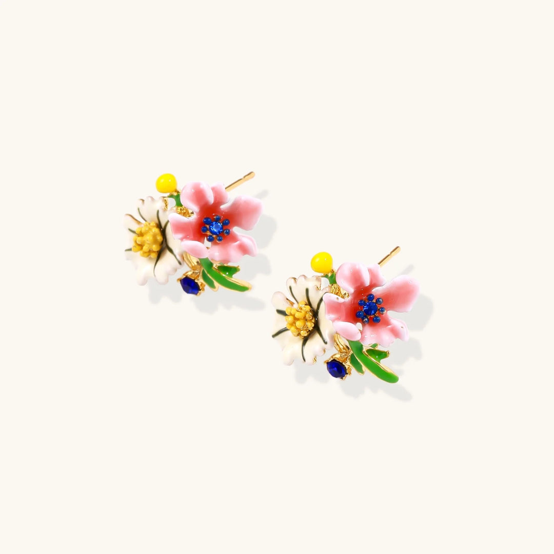Colorful floral cluster stud earrings with pink blooms, white daisies, yellow accents on gold-plated brass base