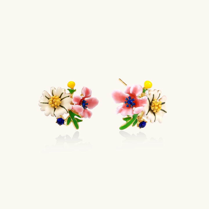 Colorful floral cluster stud earrings with pink blooms, white daisies, yellow accents on gold-plated brass base