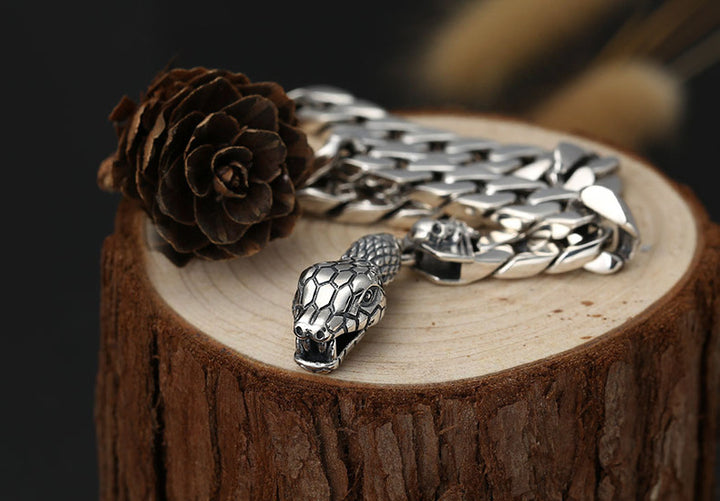 925 Sterling Silver Snake Head Bracelet - Thai Silver Chain Bracelet for Men.