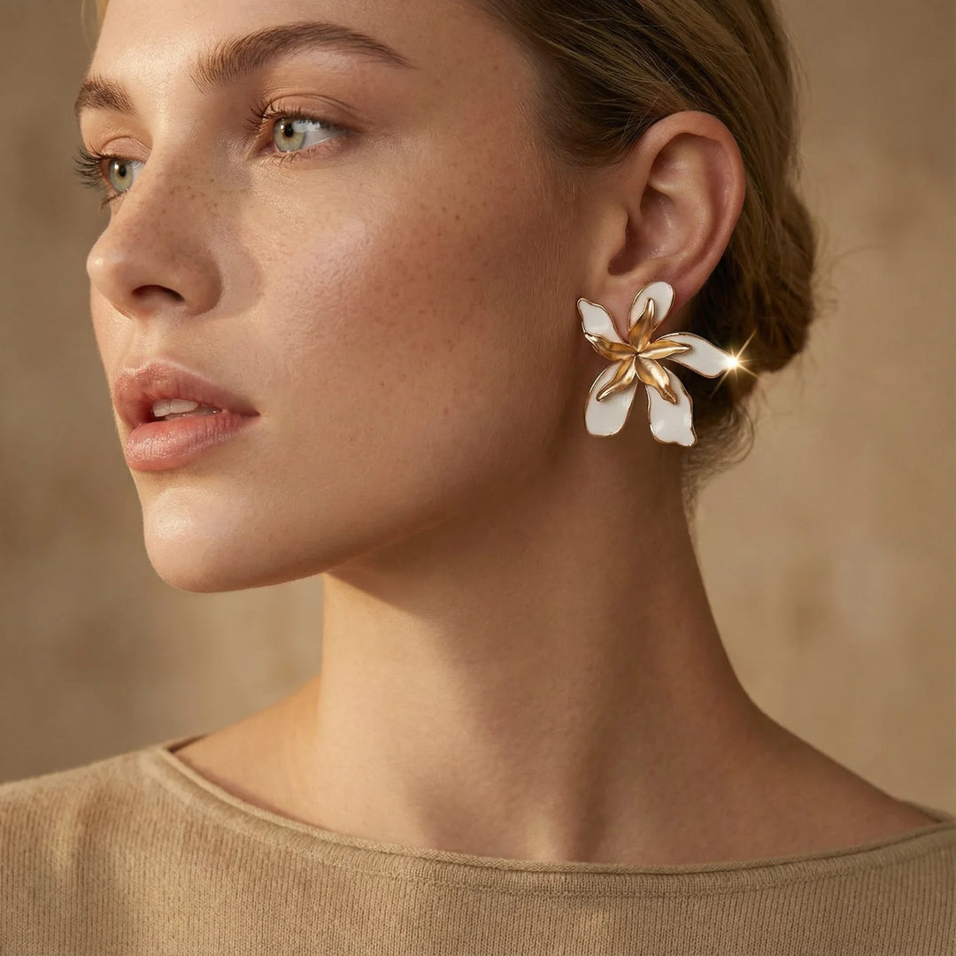 Garden Dreams Statement Earrings | White Enamel & Gold Plated | Tropical Flower Design