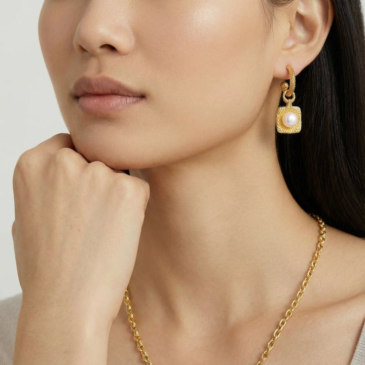 Golden Pearl Drop Hoops | 24K Gold Vermeil Earrings | Freshwater Pearl