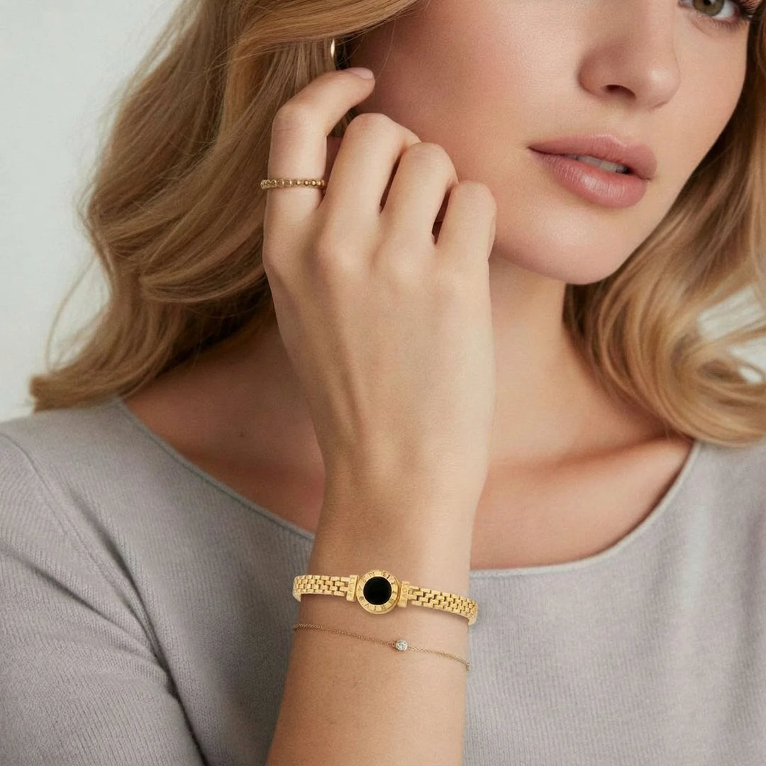 Eclipse Mesh Bracelet | Black Mother of Pearl | 18K Gold Plated Steel | Watch-Inspired