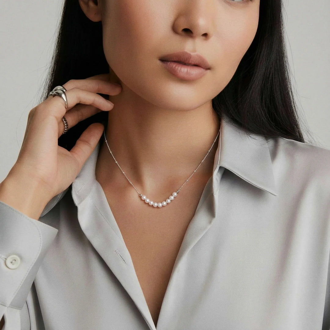 Luna Pearl Arc Necklace | Delicate Freshwater Pearl | Silver925 Rhodium Plated