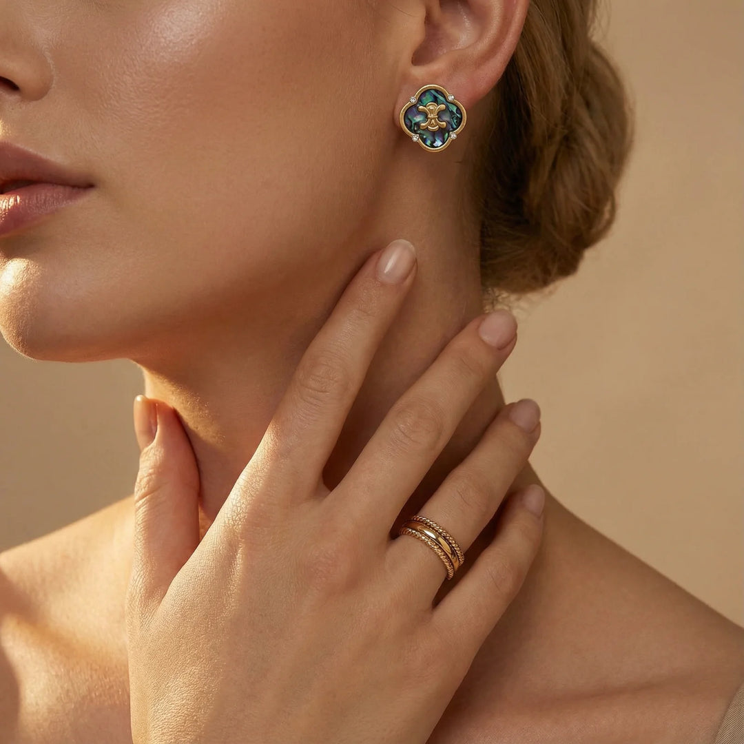 Mystic Shell Quatrefoil Studs | Abalone Shell Earrings | 18K Gold Plated