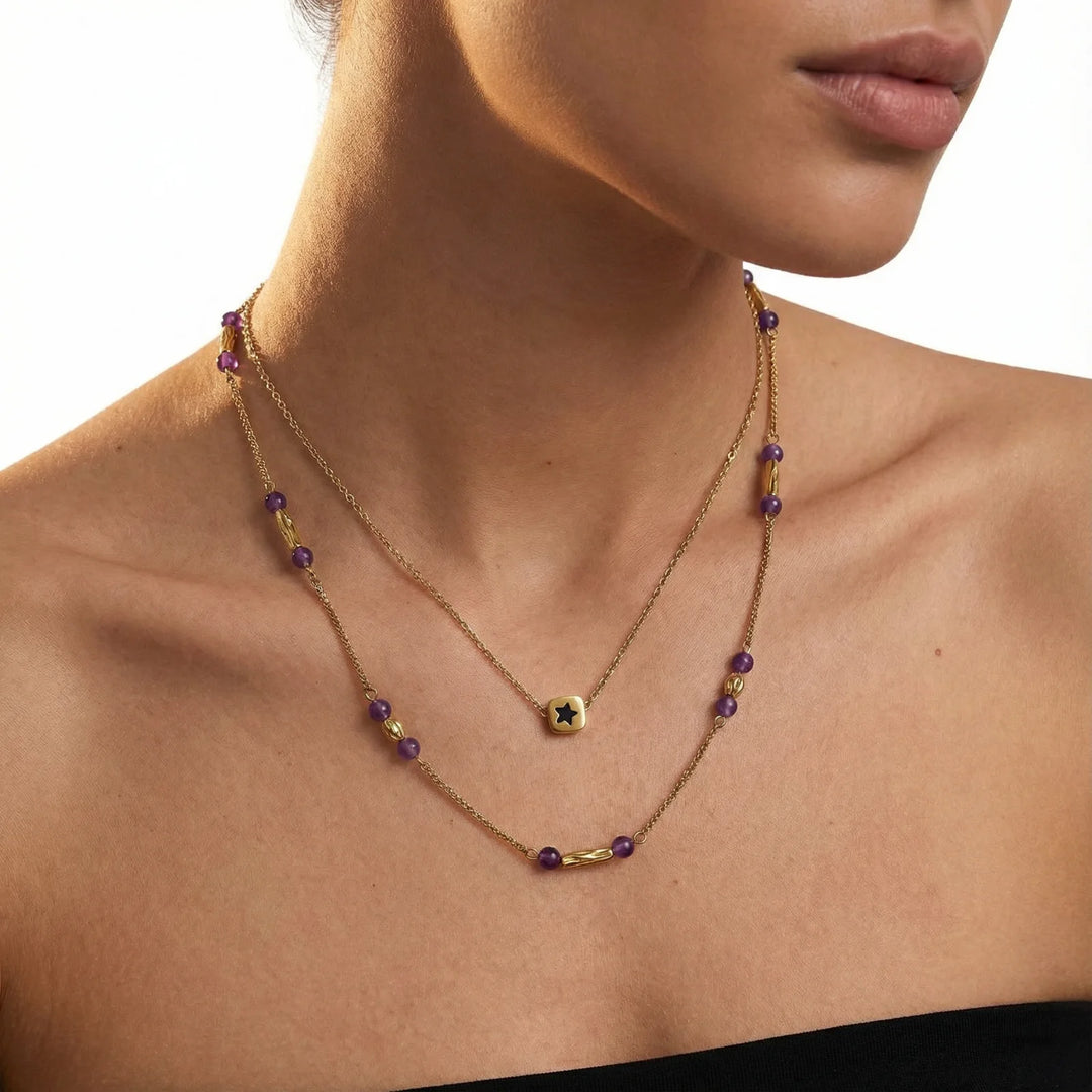 Cosmic Star Layering Necklace Set | 18K Gold Plated Steel | Purple Stones | Waterproof