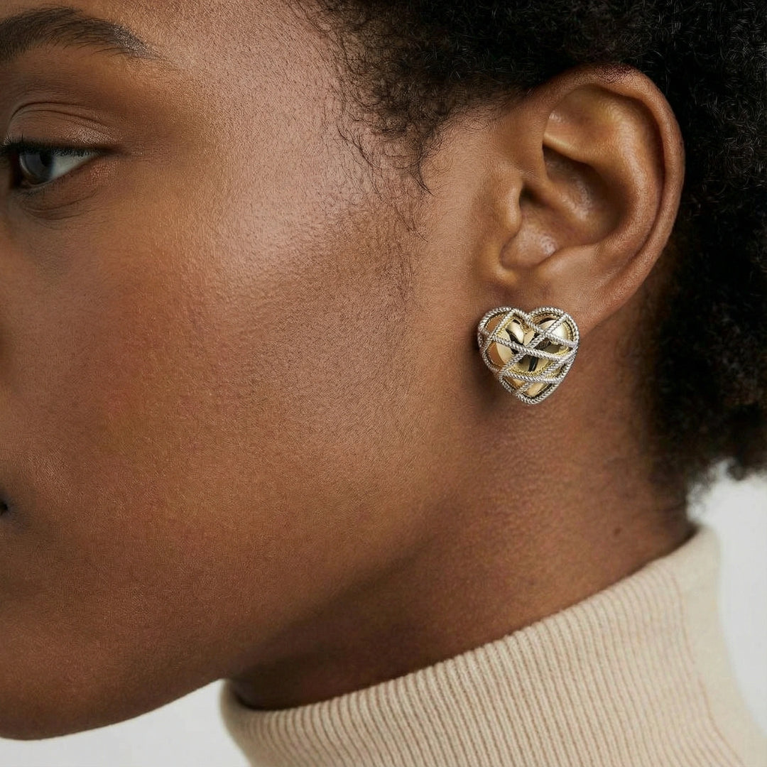 Woven Heart Stud Earrings | 18K Gold Plated Eco-Brass | S925 Posts | Lattice Design