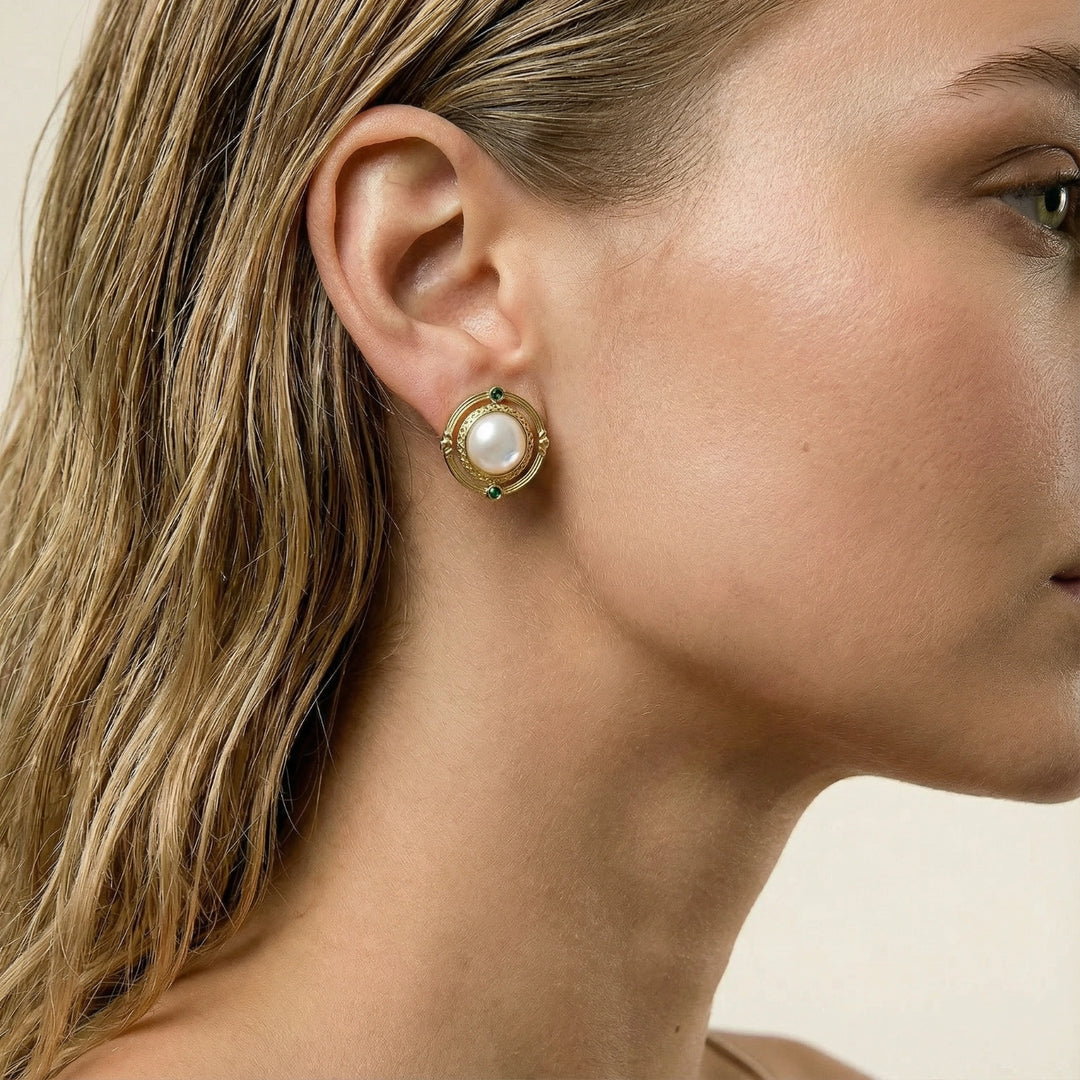 Compass Rose Studs | Art Deco Mother-of-Pearl Earrings | 18K Gold Plated