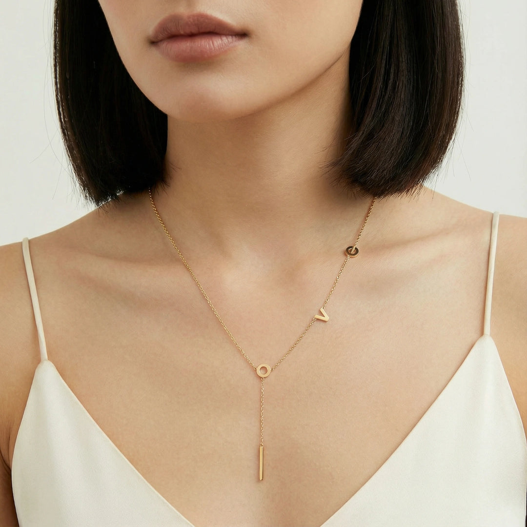 Love Letter Lariat Necklace | 18K Gold Plated Steel | Y-Necklace | Banabella
