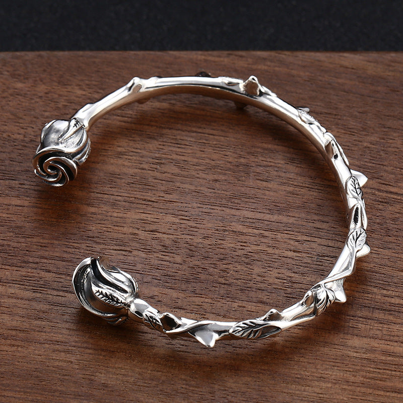 Rose 925 Silver Bracelet | Floral Cuff Bangle | Unisex UK