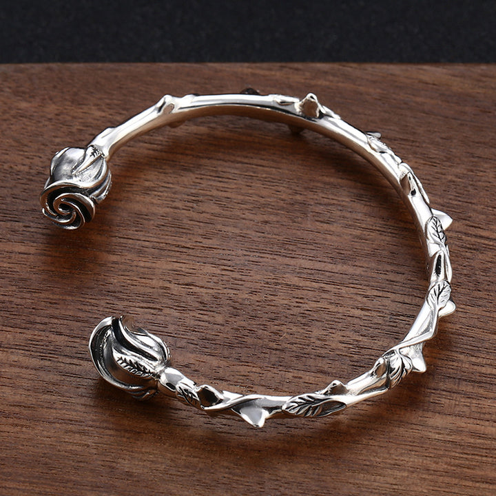 Rose 925 Silver Bracelet | Floral Cuff Bangle | Unisex UK