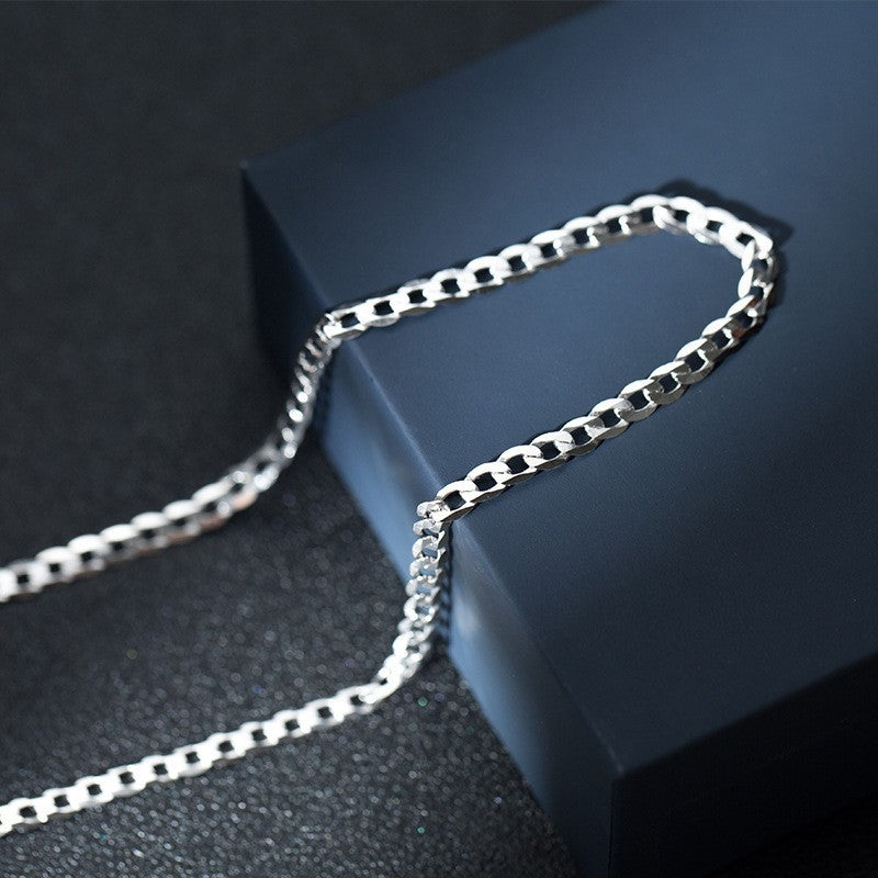 S925 Sterling Silver Simple Trendy Men's Curb Necklace Domineering Cuban Clavicle Chain.