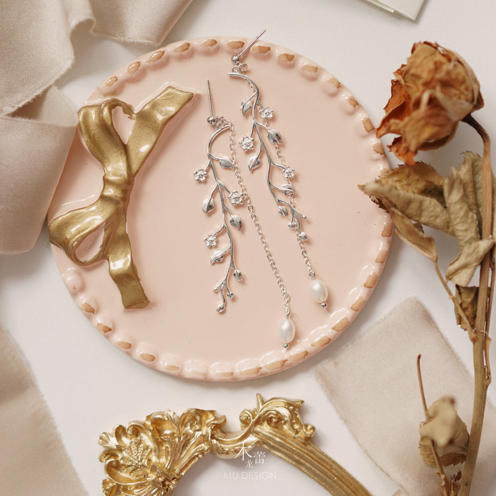 925 Sterling Silver Long Tassel Earrings - Leaf Vine Drop Earrings with Pearl.