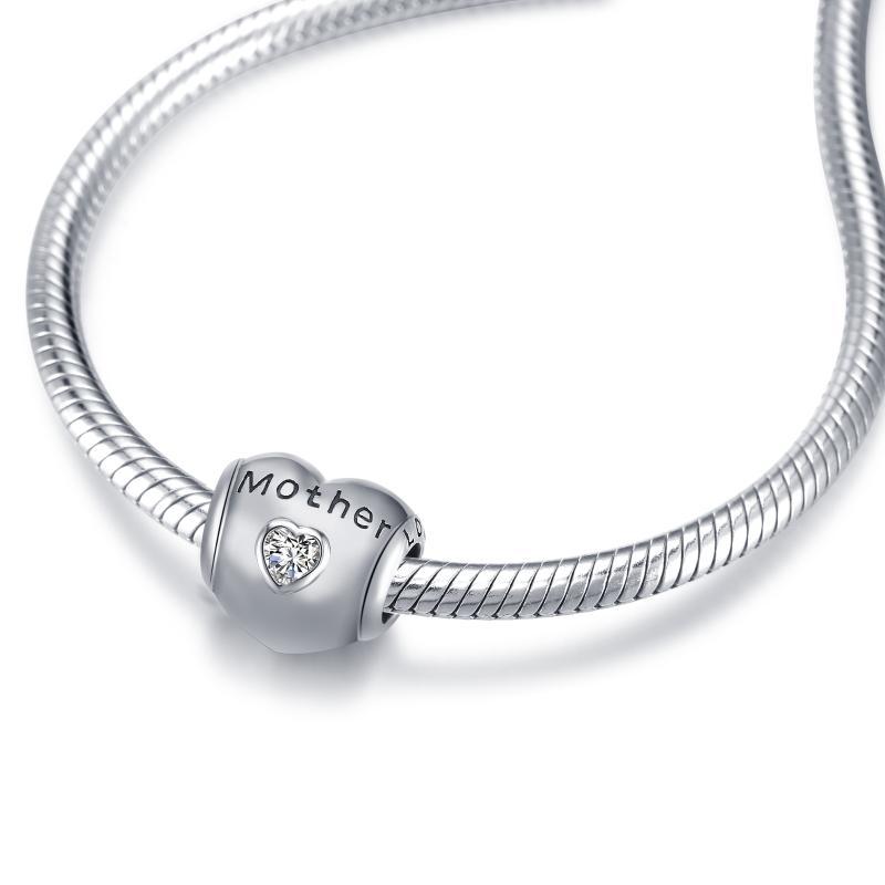 925 Sterling Silver Heart Zircon Bracelet Necklace Charm for Mother.
