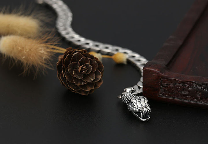 925 Sterling Silver Snake Head Bracelet - Thai Silver Chain Bracelet for Men.