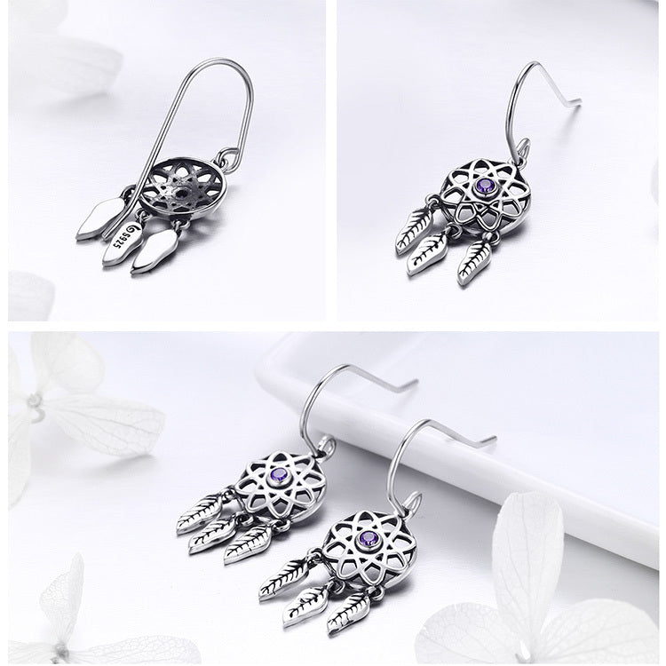 925 Sterling Silver Dreamcatcher Earrings - Bohemian Feather Drop Earrings.