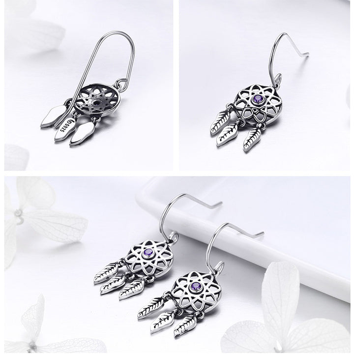 925 Sterling Silver Dreamcatcher Earrings - Bohemian Feather Drop Earrings.