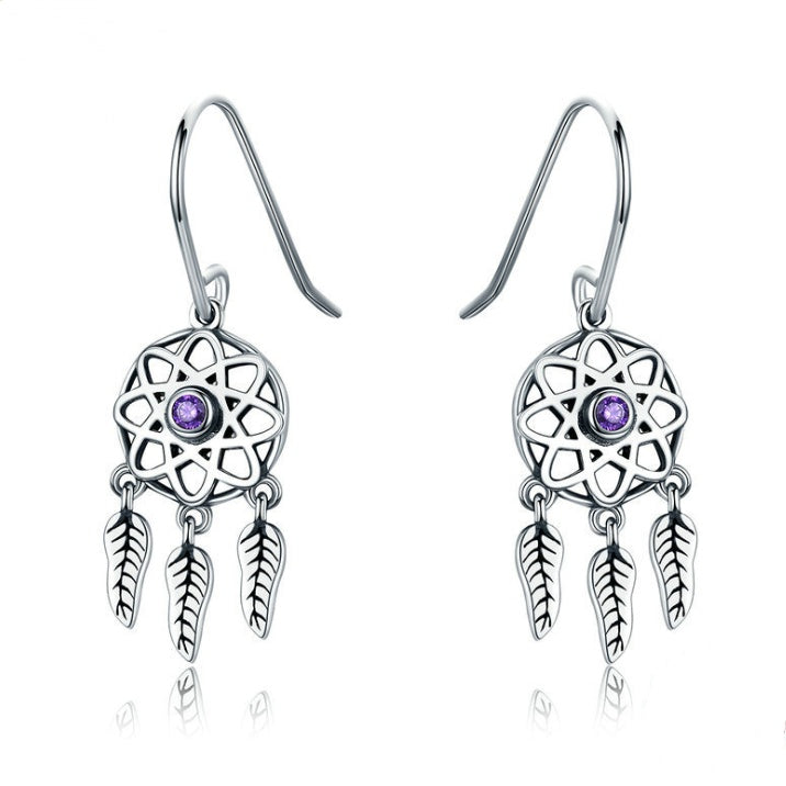 925 Sterling Silver Dreamcatcher Earrings - Bohemian Feather Drop Earrings.