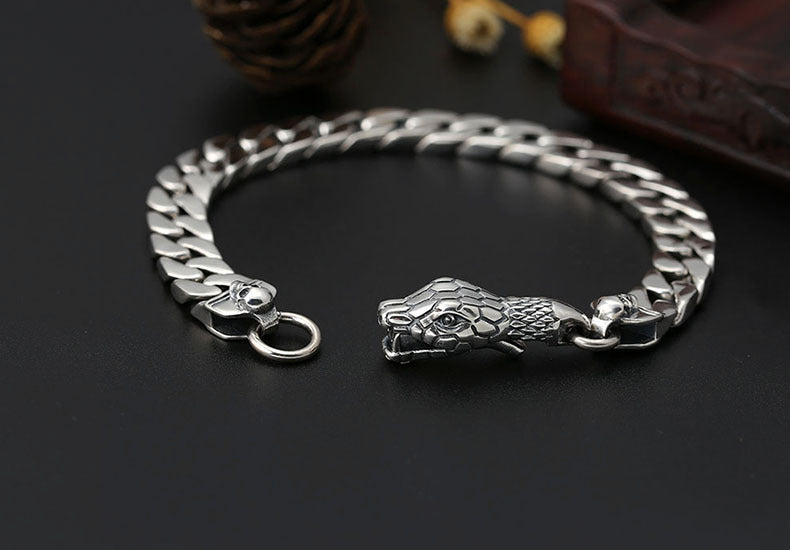 925 Sterling Silver Snake Head Bracelet - Thai Silver Chain Bracelet for Men.