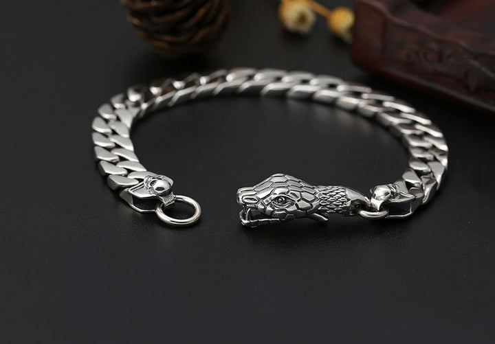 925 Sterling Silver Snake Head Bracelet - Thai Silver Chain Bracelet for Men.