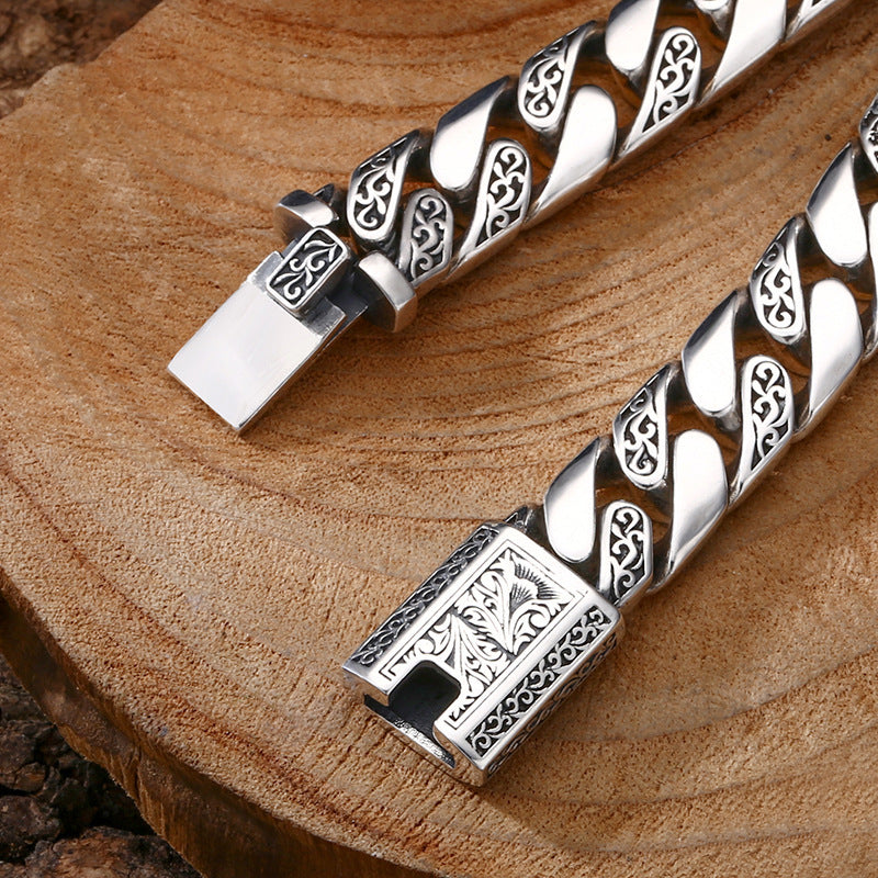 925 Sterling Silver Cuban Chain Bracelet - Heavy Tangcao Pattern Men's Bracelet.
