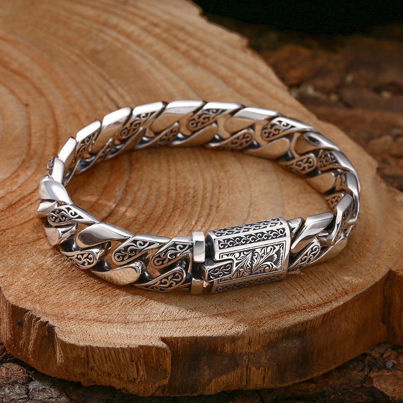 925 Sterling Silver Cuban Chain Bracelet - Heavy Tangcao Pattern Men's Bracelet.
