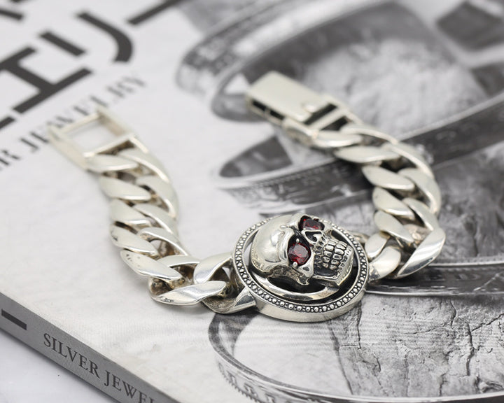 925 Sterling Silver Skull Bracelet - Gothic Chain Bracelet with Red Crystal Eyes.