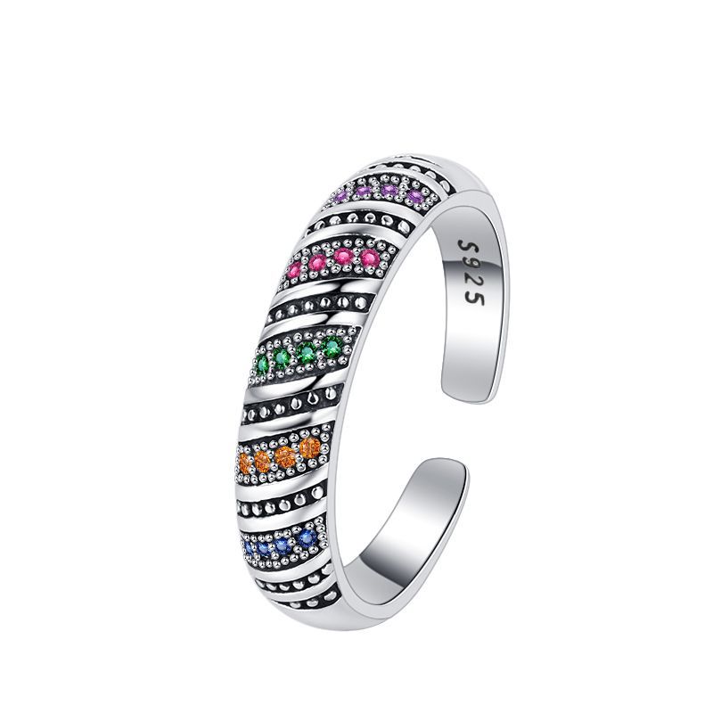 Colorful Crystal Band Ring 925 Sterling Silver Adjustable