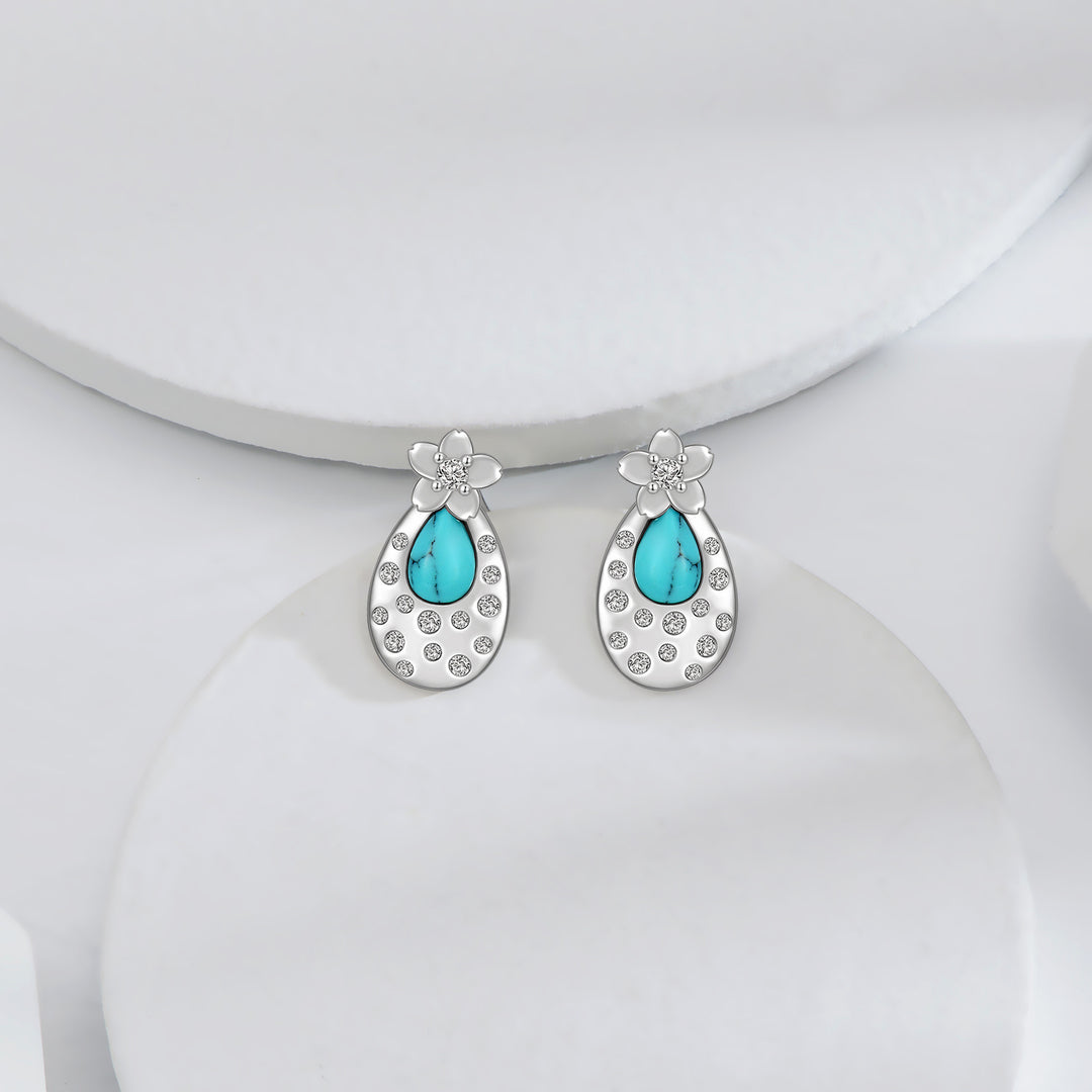 925 Sterling Silver Turquoise Flower Earrings - Cherry Blossom Stud Earrings.