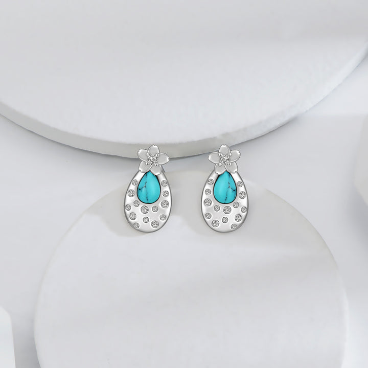 925 Sterling Silver Turquoise Flower Earrings - Cherry Blossom Stud Earrings.