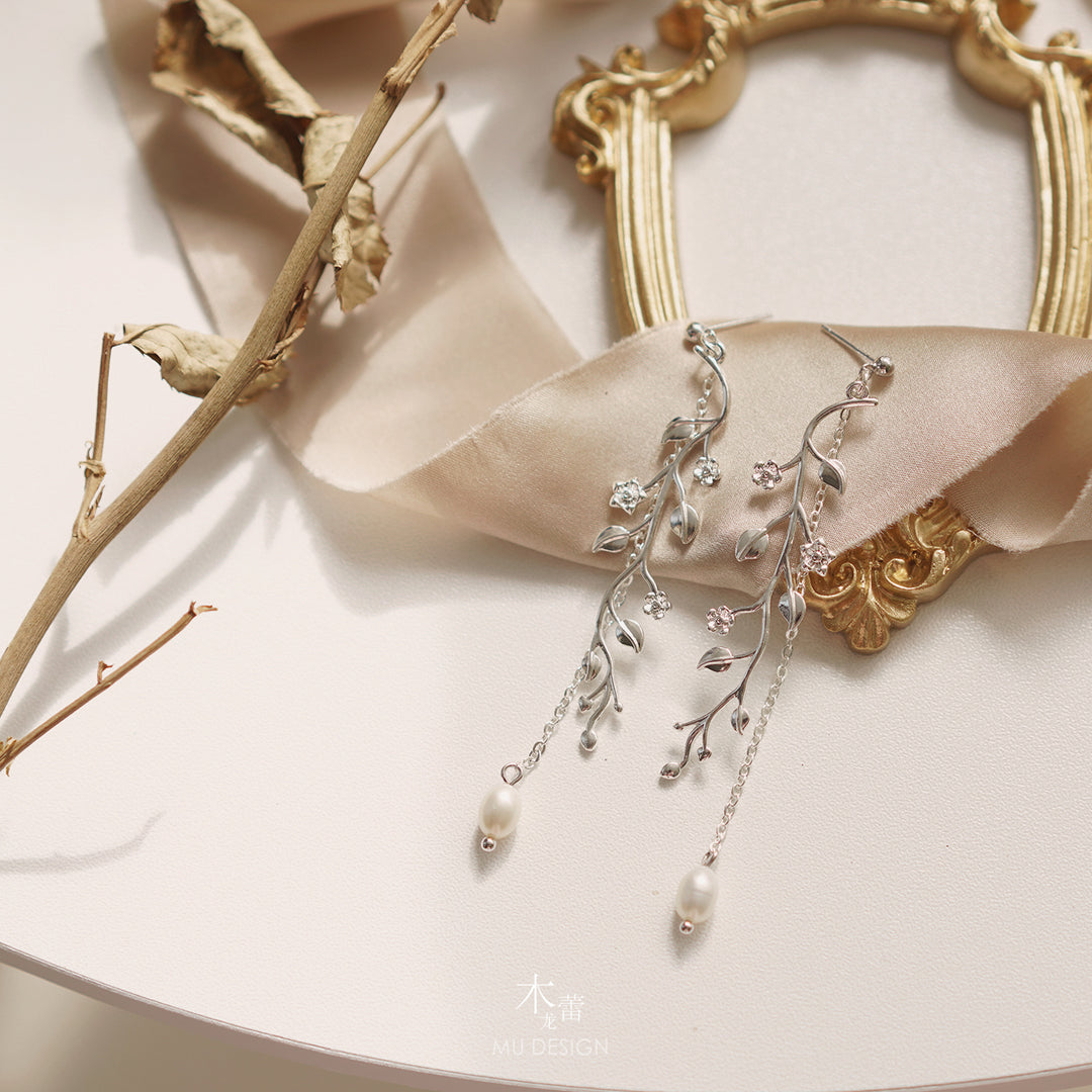 925 Sterling Silver Long Tassel Earrings - Leaf Vine Drop Earrings with Pearl.