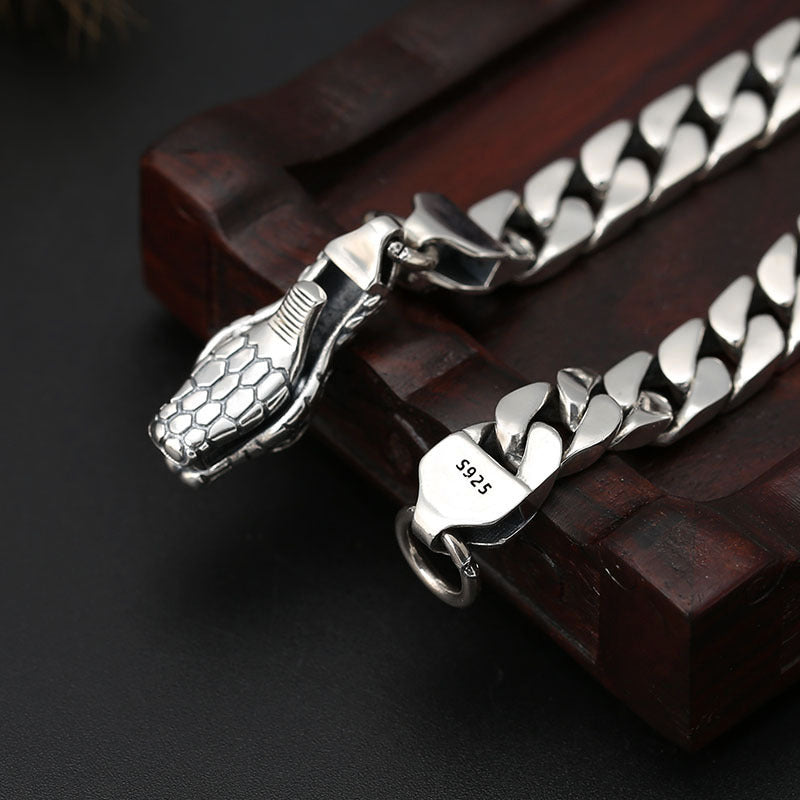 925 Sterling Silver Snake Head Bracelet - Thai Silver Chain Bracelet for Men.