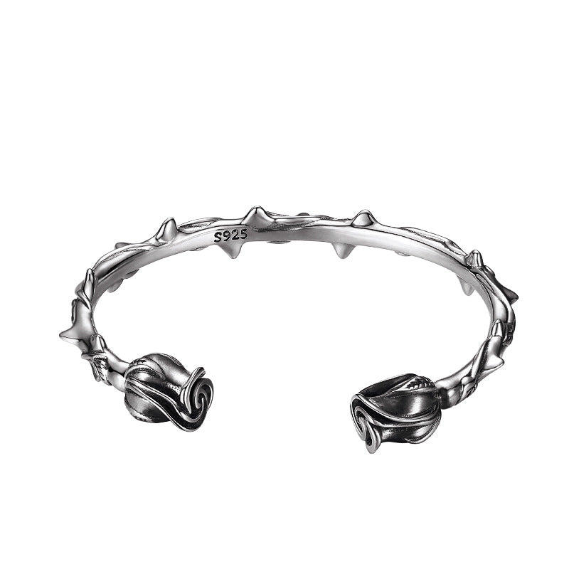 Rose 925 Silver Bracelet | Floral Cuff Bangle | Unisex UK