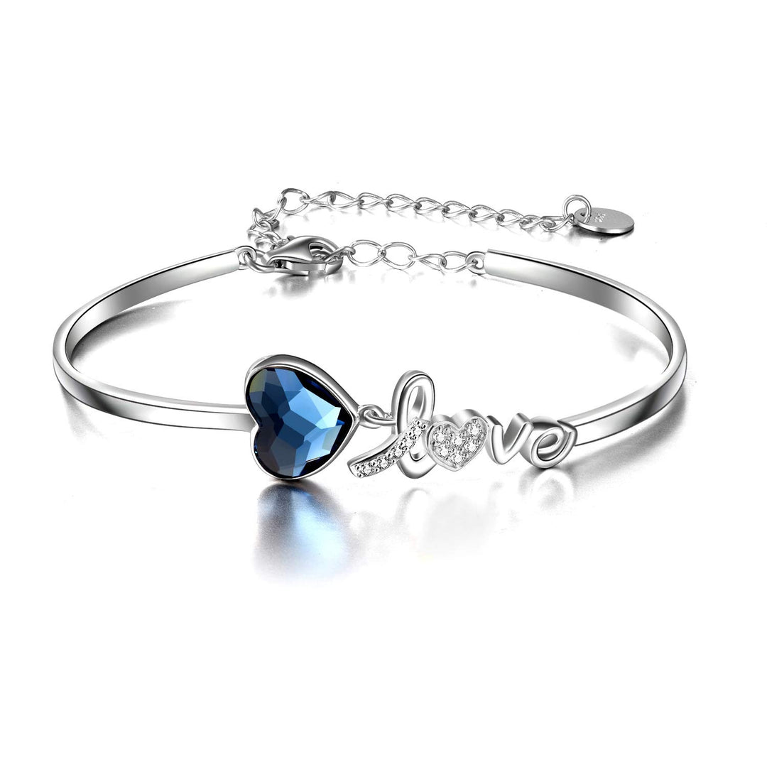 Love Heart Bangle Bracelet 925 Silver Blue Crystal Austria