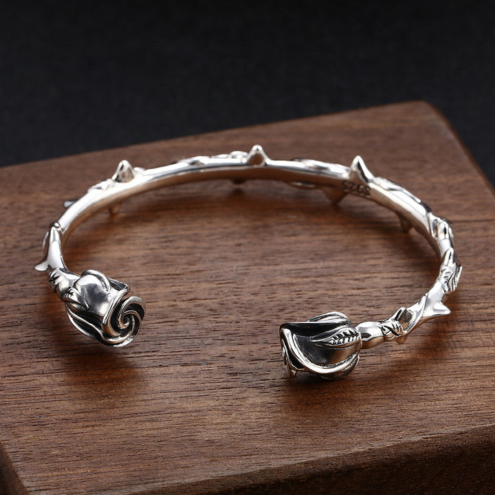 Rose 925 Silver Bracelet | Floral Cuff Bangle | Unisex UK